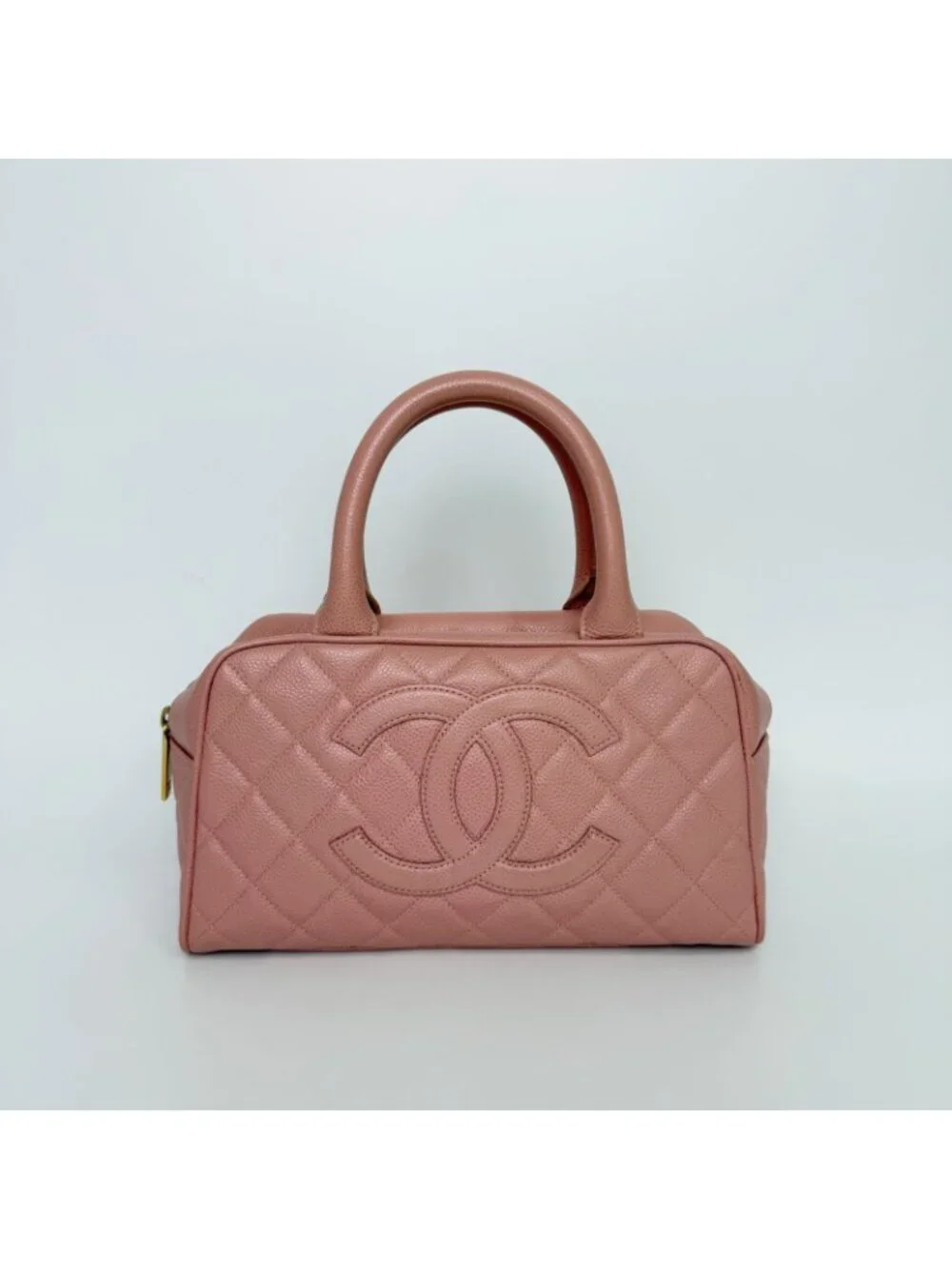 Chanel CC Logo Quilted Mini Boston Bag Caviar Leather Pink Gold Vintage